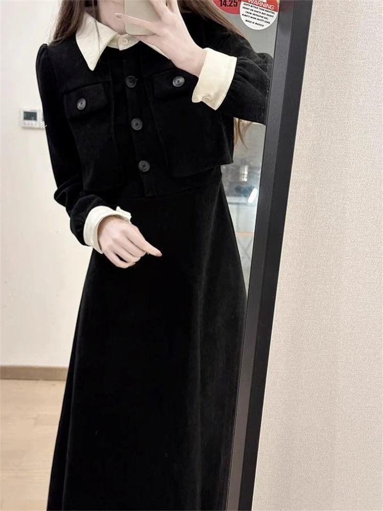 Long Sleeve Lapel Collared Two Tone Midi A-Line Dress Product Image