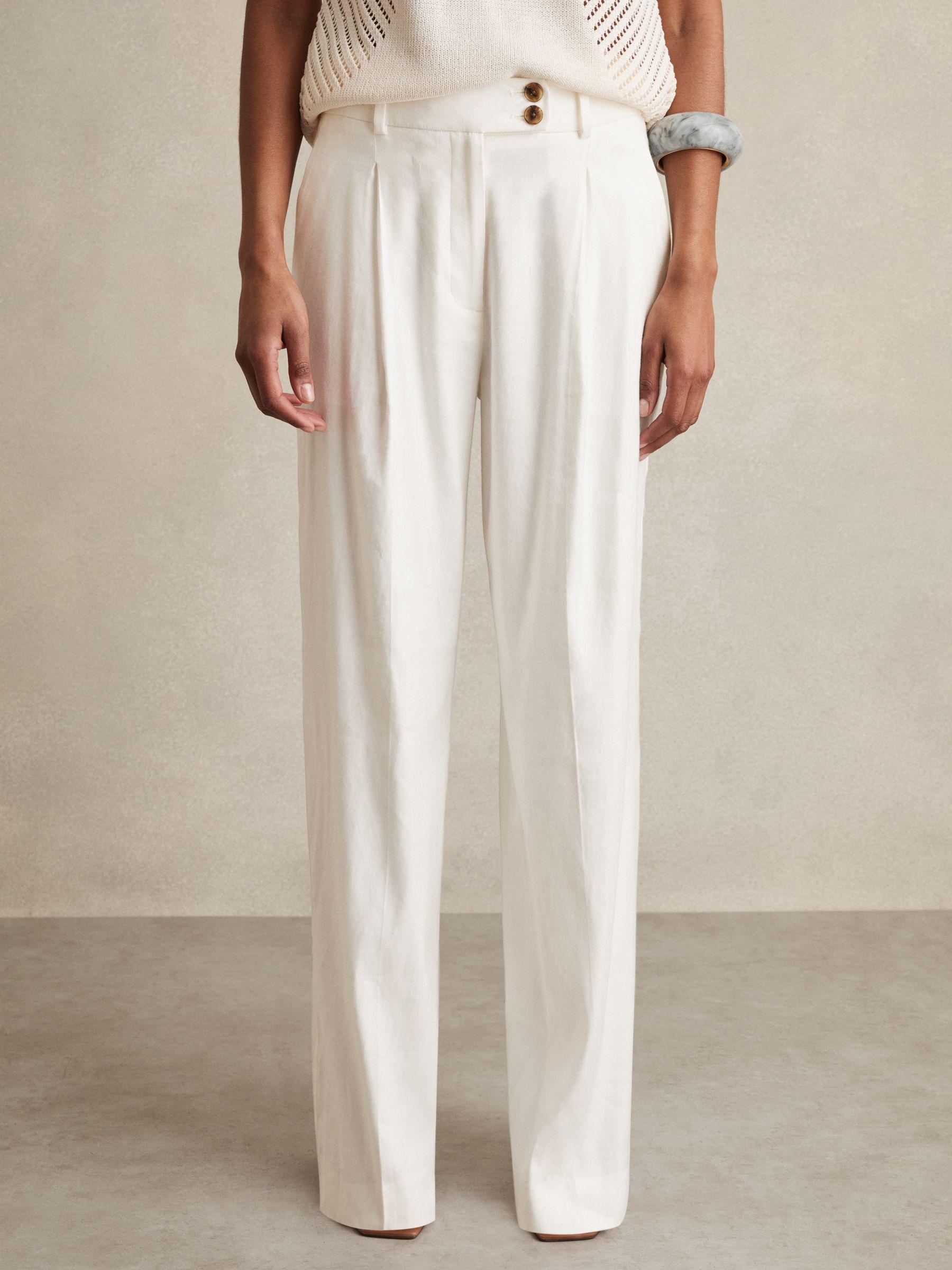Linen-Blend Wide-Leg Trousers in White Product Image
