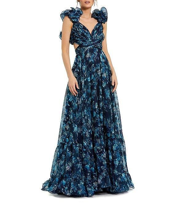 Mac Duggal Floral Chiffon V-Neck Sleeveless Ruffle Shoulder Side Cut-Out Gown Product Image