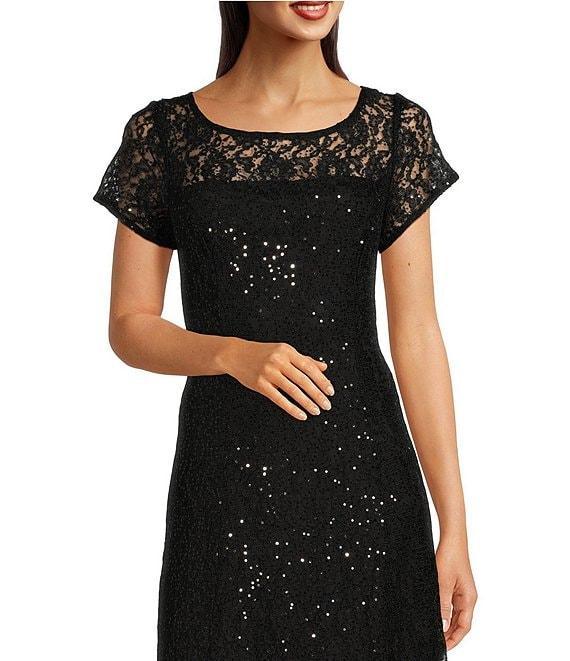 Ignite Evenings Petite Size Cap Sleeve Scoop Neck Sequin Lace A-Line Midi Dress Product Image