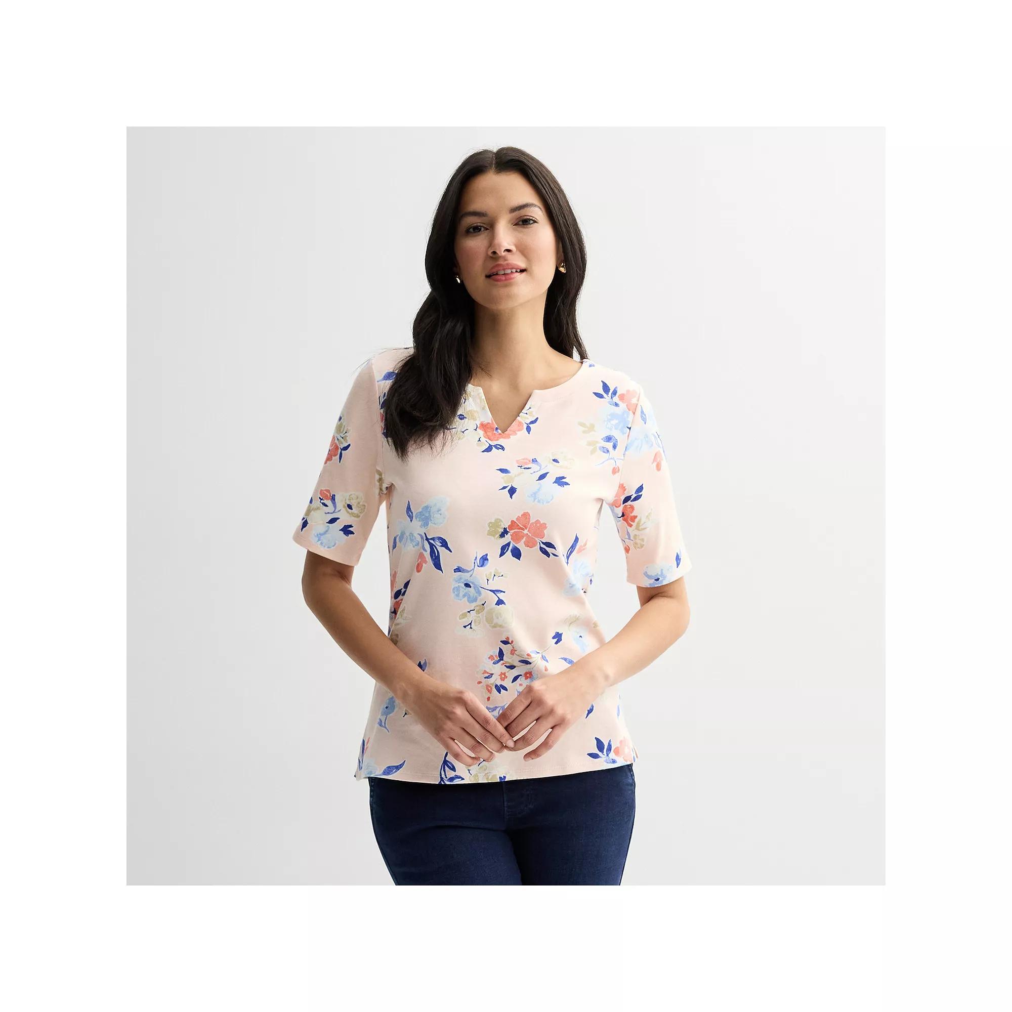 Women's Croft & Barrow® Elbow-Sleeve Splitneck Top, Size: XS, Pink Floral Wash Product Image