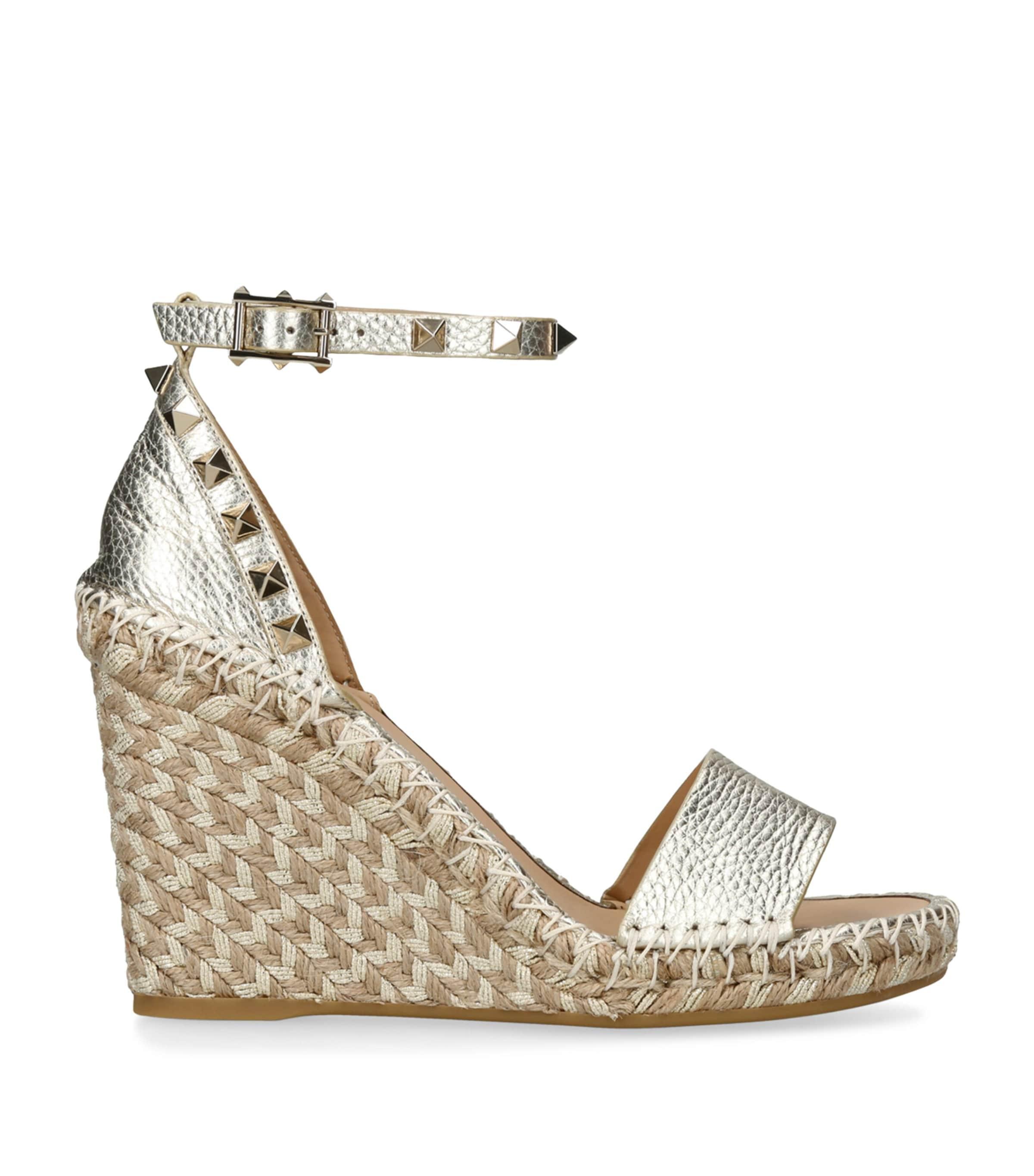 VALENTINO GARAVANI Leather Rockstud Espadrille Wedges 105 In Gold Product Image