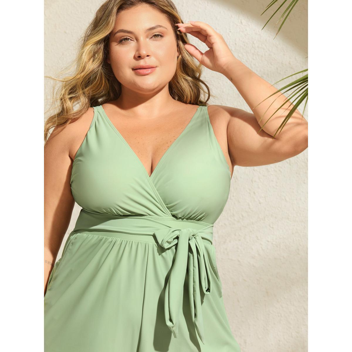 Plus Size Surplice Neckline Belted Plain One-Piece Swimsuit Women's Swimwear Greenbean Resort Tie knot Curve Bathing Suits High stretch One Pieces BloomChic 28/5X Product Image
