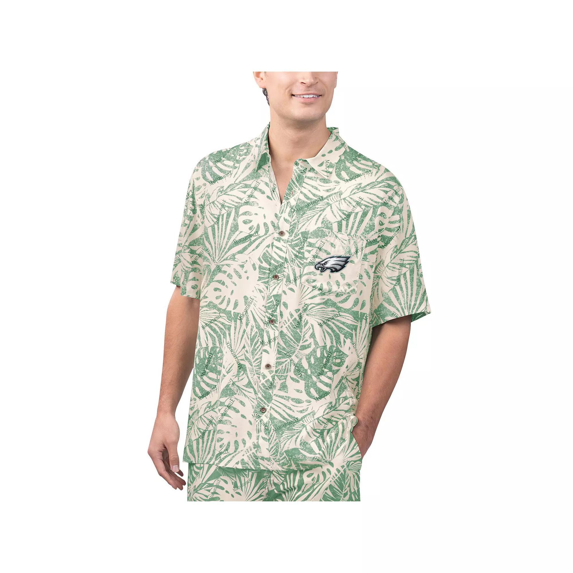 Men's Margaritaville Tan Philadelphia Eagles Sand Washed Monstera Print Party Button-Up Shirt, Size: Medium, Team Product Image