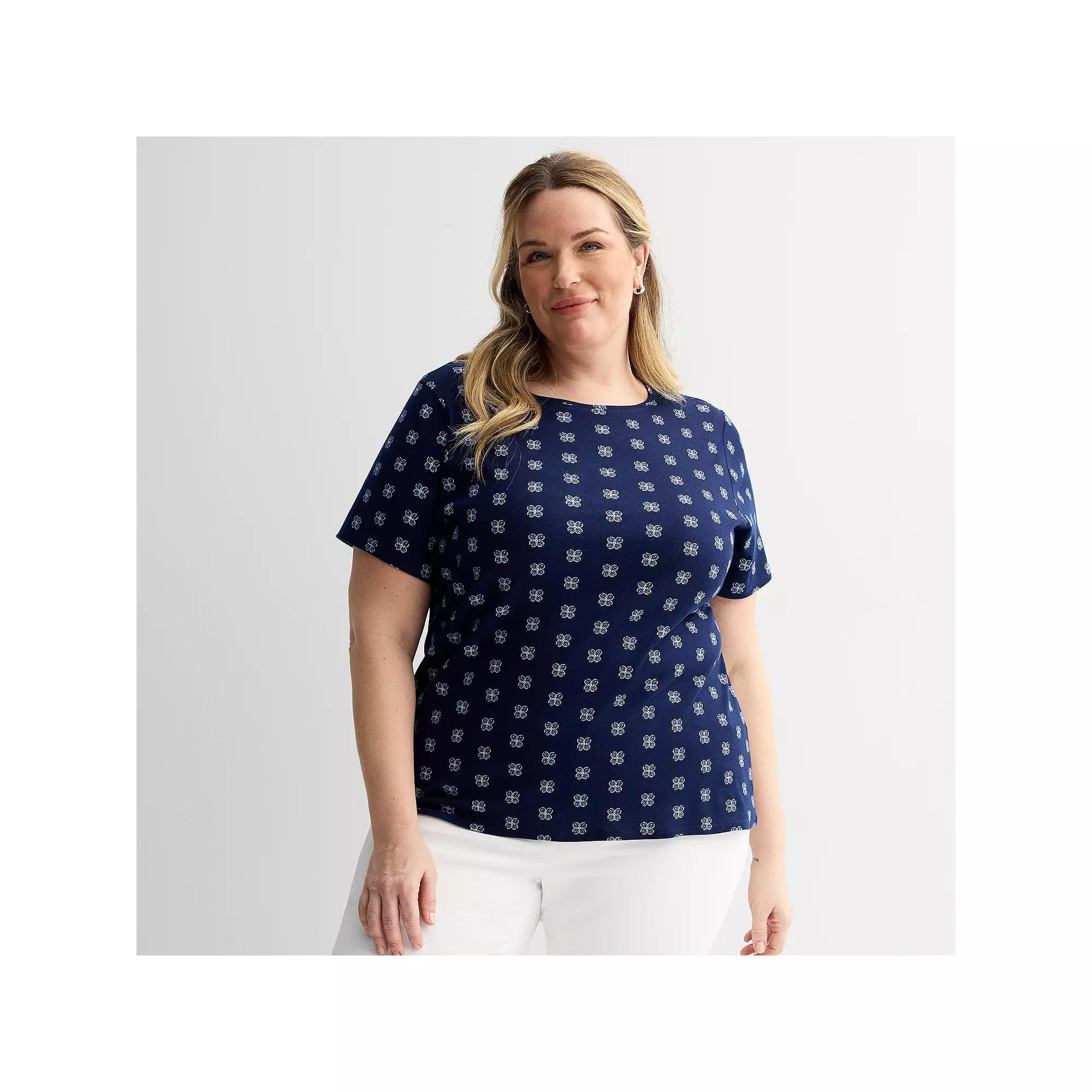 Plus Size Croft & Barrow Essential Crewneck Top, Womens Blue Mini Tile Product Image
