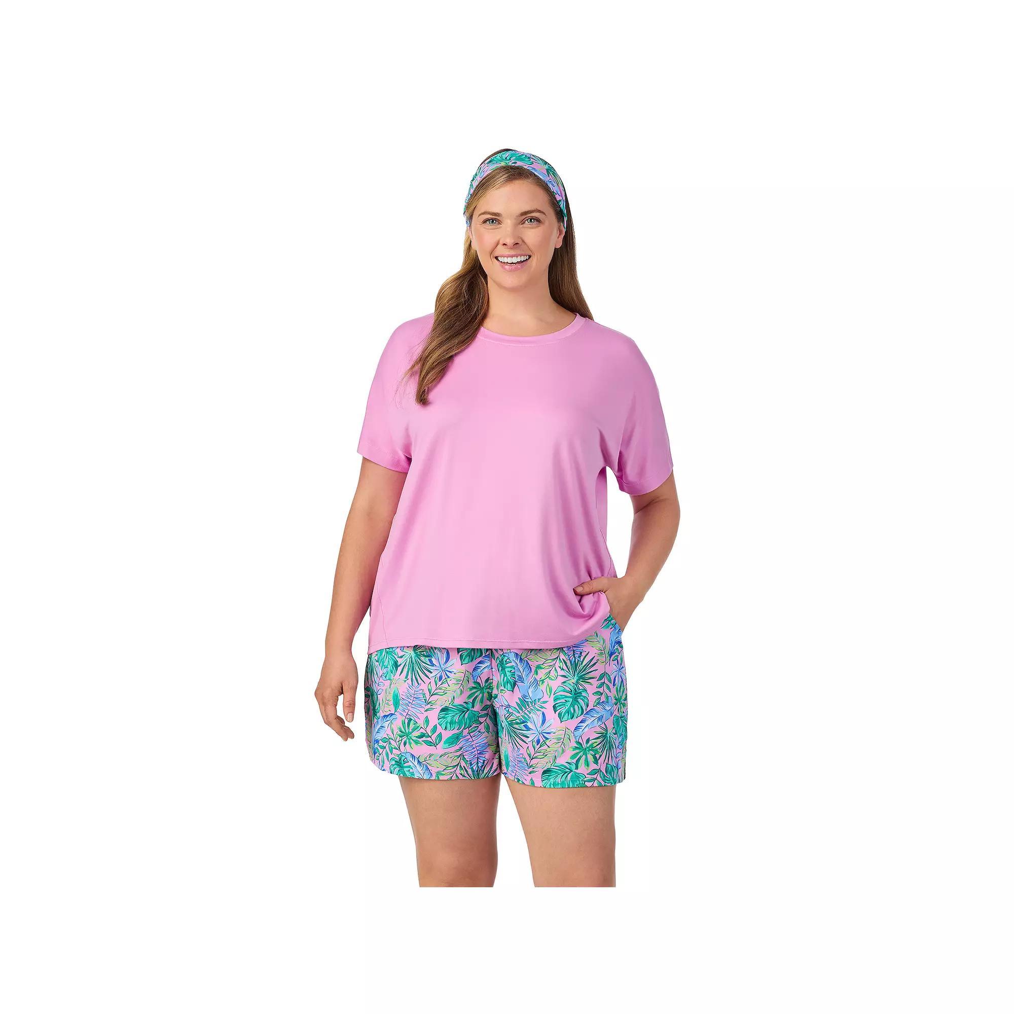 Plus Size Cuddl Duds Short Sleeve Pajama Top & Pajama Shorts Set with Matching Headband, Womens Purple Pink Leaves Product Image