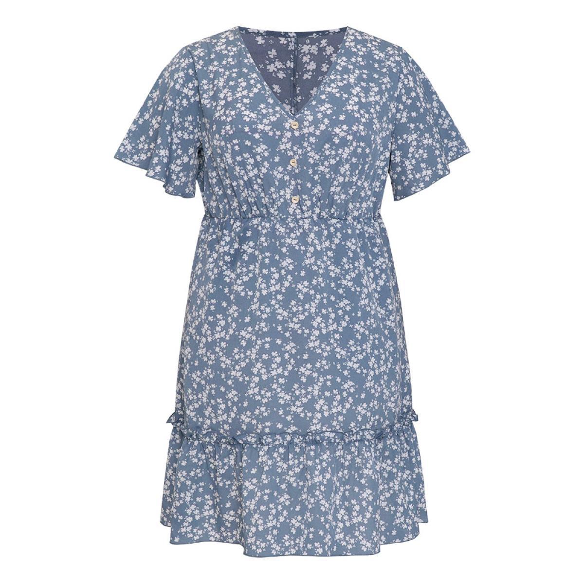 Plus Size Ditsy Floral Elastic Waist Button Detail Pocket Ruffles Dress LightBlue Women Elegant V-neck Short sleeve Curvy Midi Dress BloomChic 28/5X Product Image