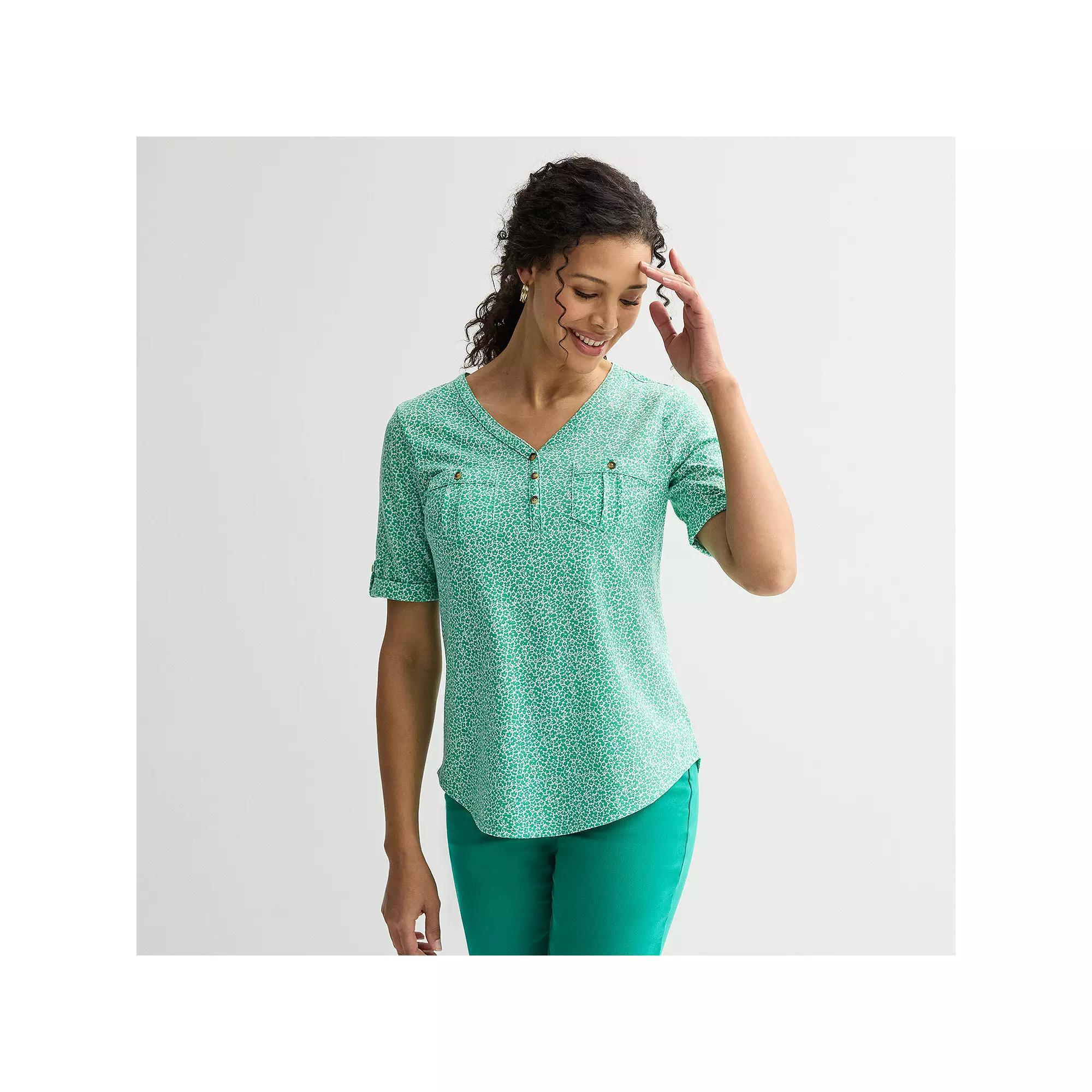 Women's Croft & Barrow® Elbow Sleeve Utility Henley Top, Size: Medium, Green Mini Garden Product Image