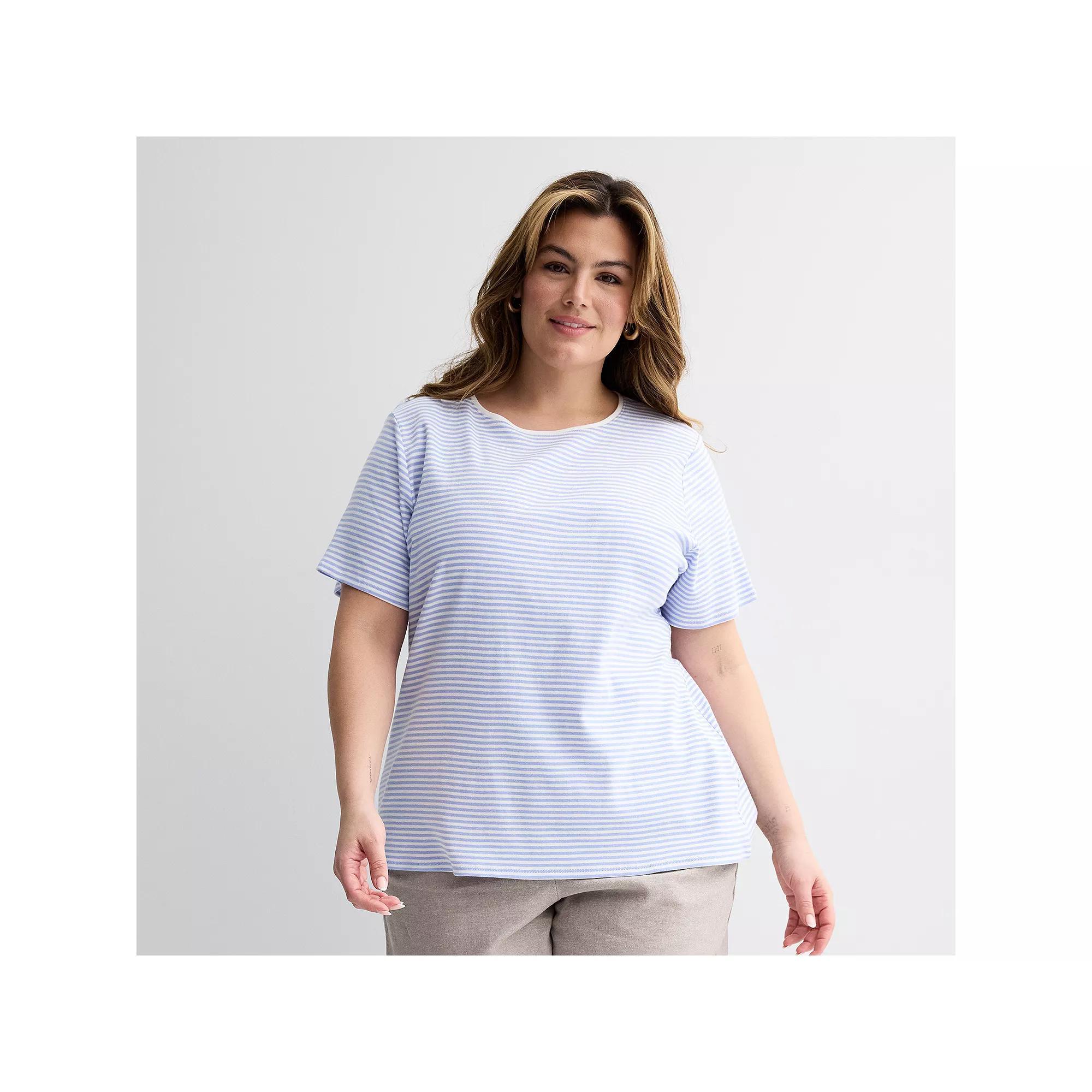 Plus Size Croft & Barrow® Essential Crewneck Top, Women's, Size: 0X, Blue Ticking Stripe Product Image