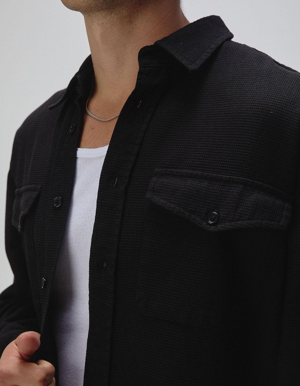 RSQ Mens Waffle Oversized Long Sleeve Button Up Shirt - BLACK Product Image