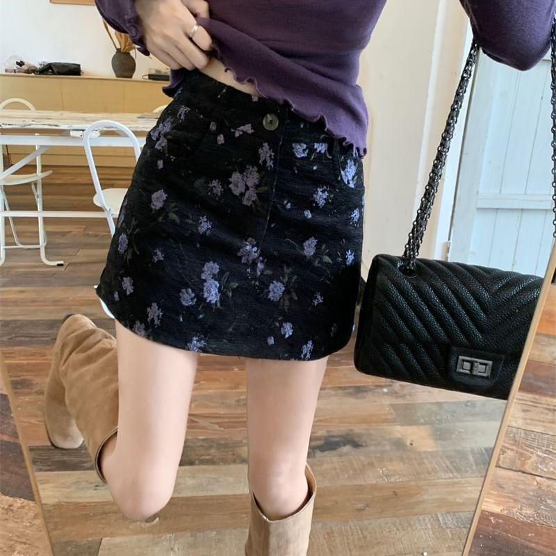 Long-Sleeve Cold Shoulder Plain Mock Two Piece Knit Top / Mid Rise Floral Mini A-Line Skirt Product Image