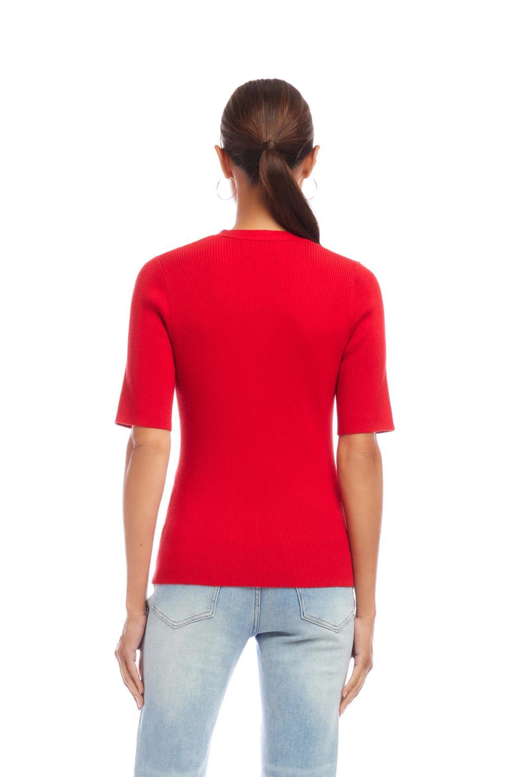 Short Sleeve Ribbed Cardigan Sweater - Red Product Image