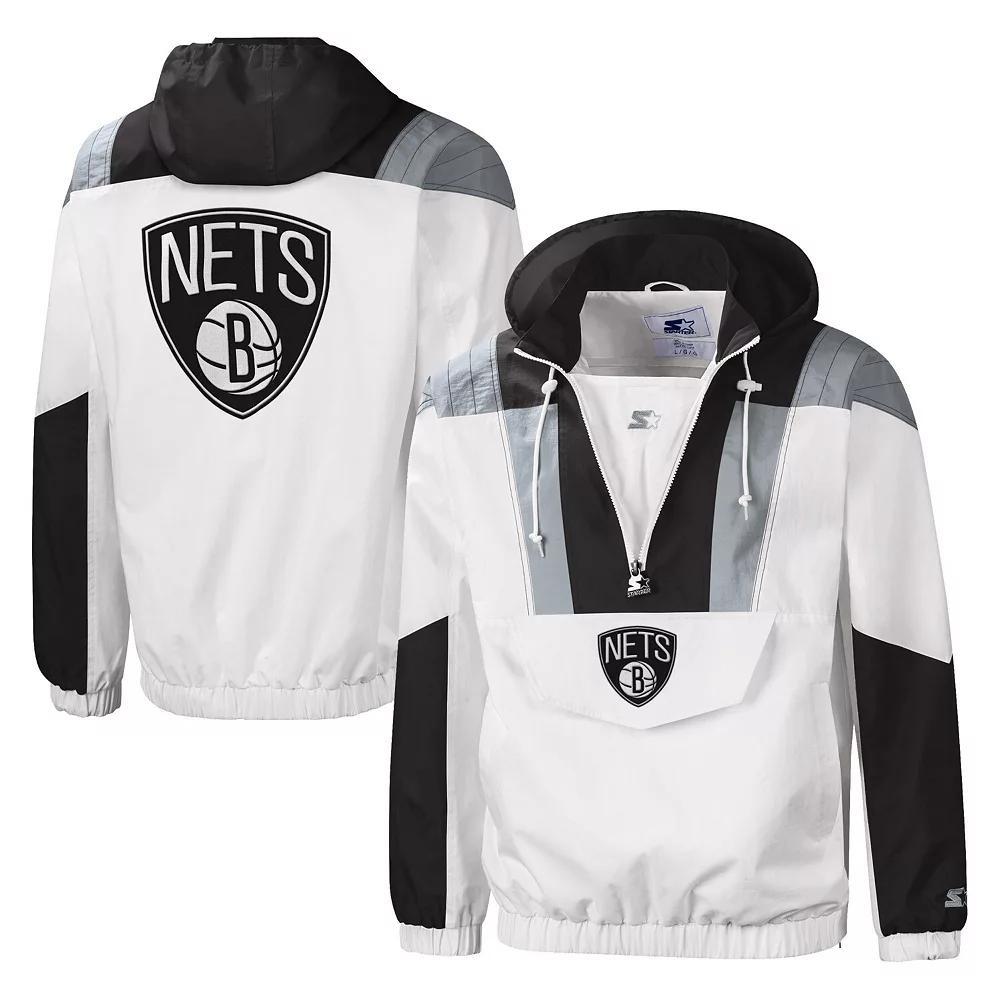 Men's Starter White Brooklyn Nets Striker Crinkle Half-Zip Hoodie Jacket,  Product Image