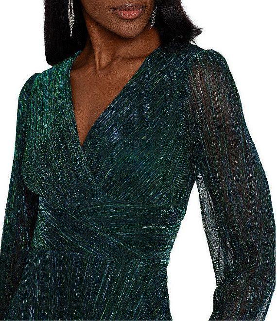 Betsy & Adam Metallic Long Sleeve V-Neck Gown Product Image