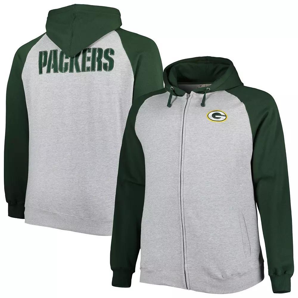Men's Heather Gray Green Bay Packers Big & Tall Fleece Raglan Full-Zip Hoodie Jacket, Size: 3XB, Grey Product Image