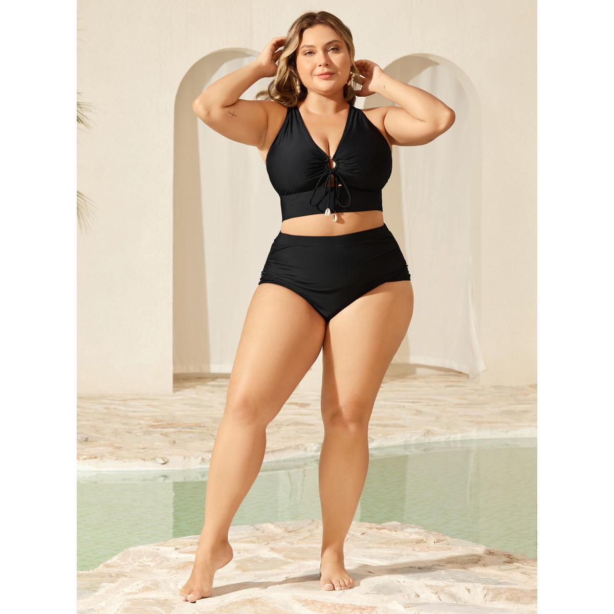 Plus Size Knotted Keyhole Crossstraps Swim Top Women's Swimwear Black Resort Tie knot High stretch Skinny V-neck Curve Swim Tops BloomChic 30/6X Product Image