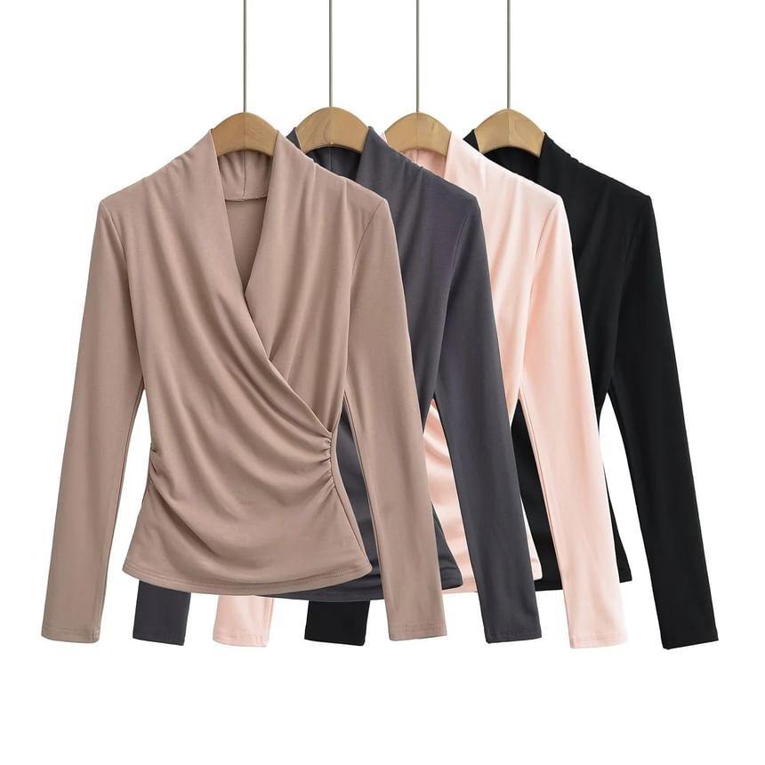 Long Sleeve V-Neck Plain Ruched Wrap Top Product Image