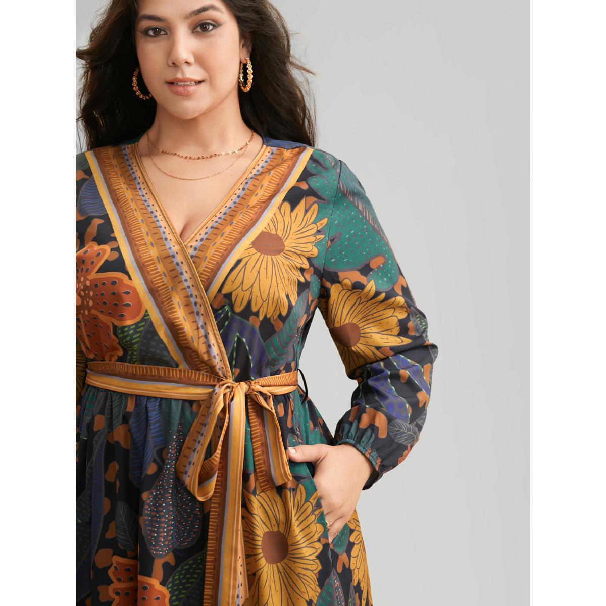 Plus Size Boho Print Belted Lantern Sleeve Dress Black Women Resort Belted Overlap Collar Long Sleeve Curvy BloomChic 10/M Product Image