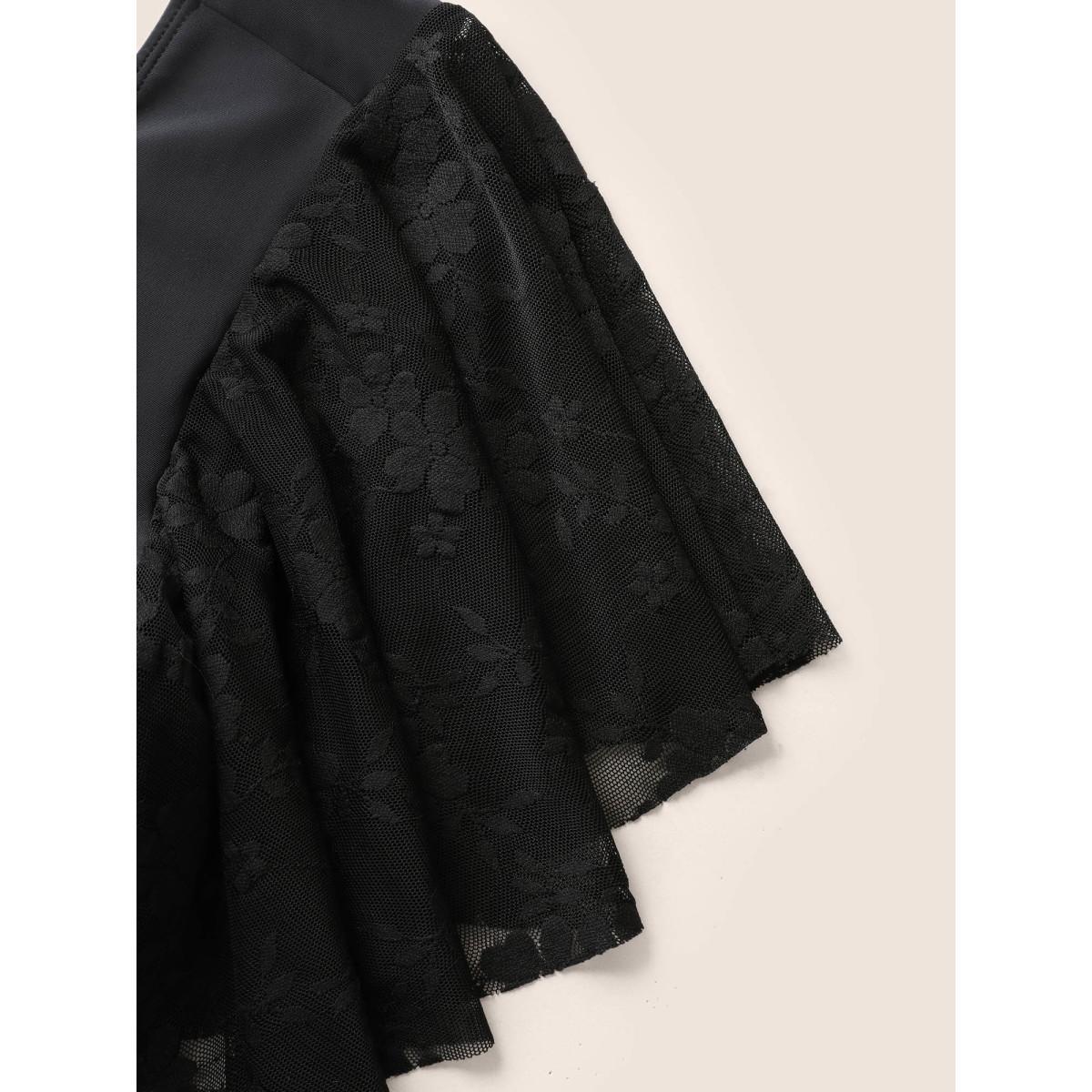 Plus Size U Neck Crochet Lace Mesh Swim Top Women's Swimwear Black Resort Texture High stretch Skinny U-neck Curve Swim Tops BloomChic 28/5X Product Image