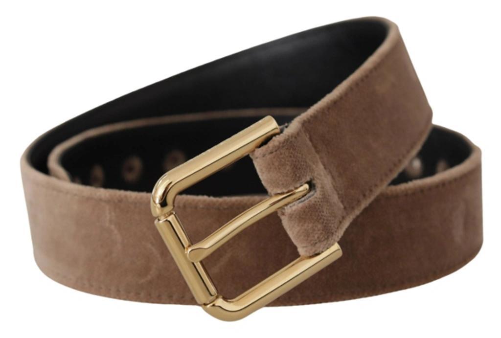 DOLCE & GABBANA Light Brown Velvet Gold Tone Logo Metal Buckle Belt Product Image