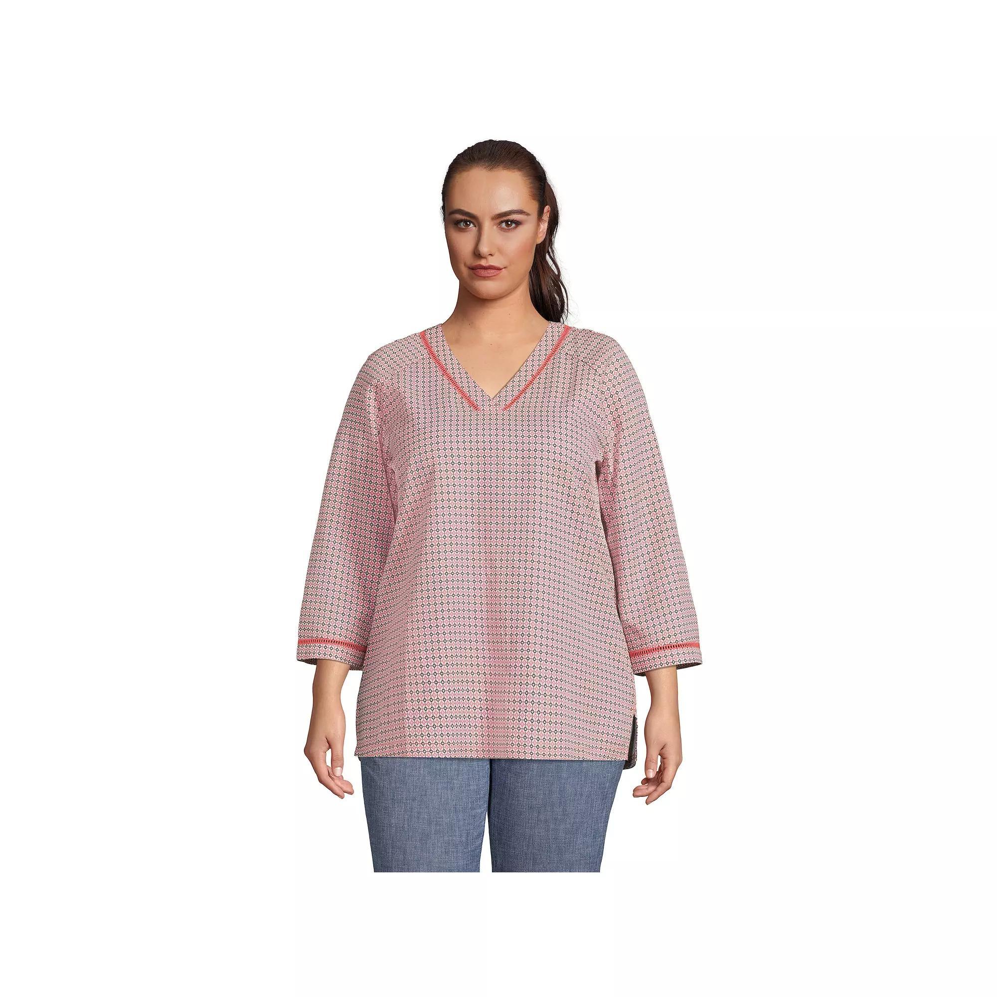 Plus Size Lands' End 3/4 Sleeve V Neck Tunic Top, Women's, Size: 2XL, Wood Lily Tile Geo Product Image