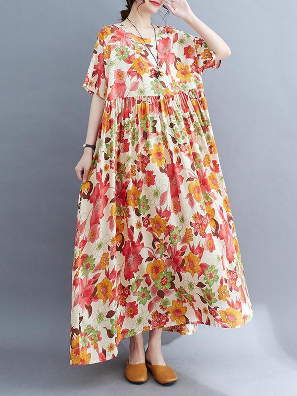 Loose Short Sleeves Pleated Printed Split-Joint Round-Neck Midi Dresses Product Image
