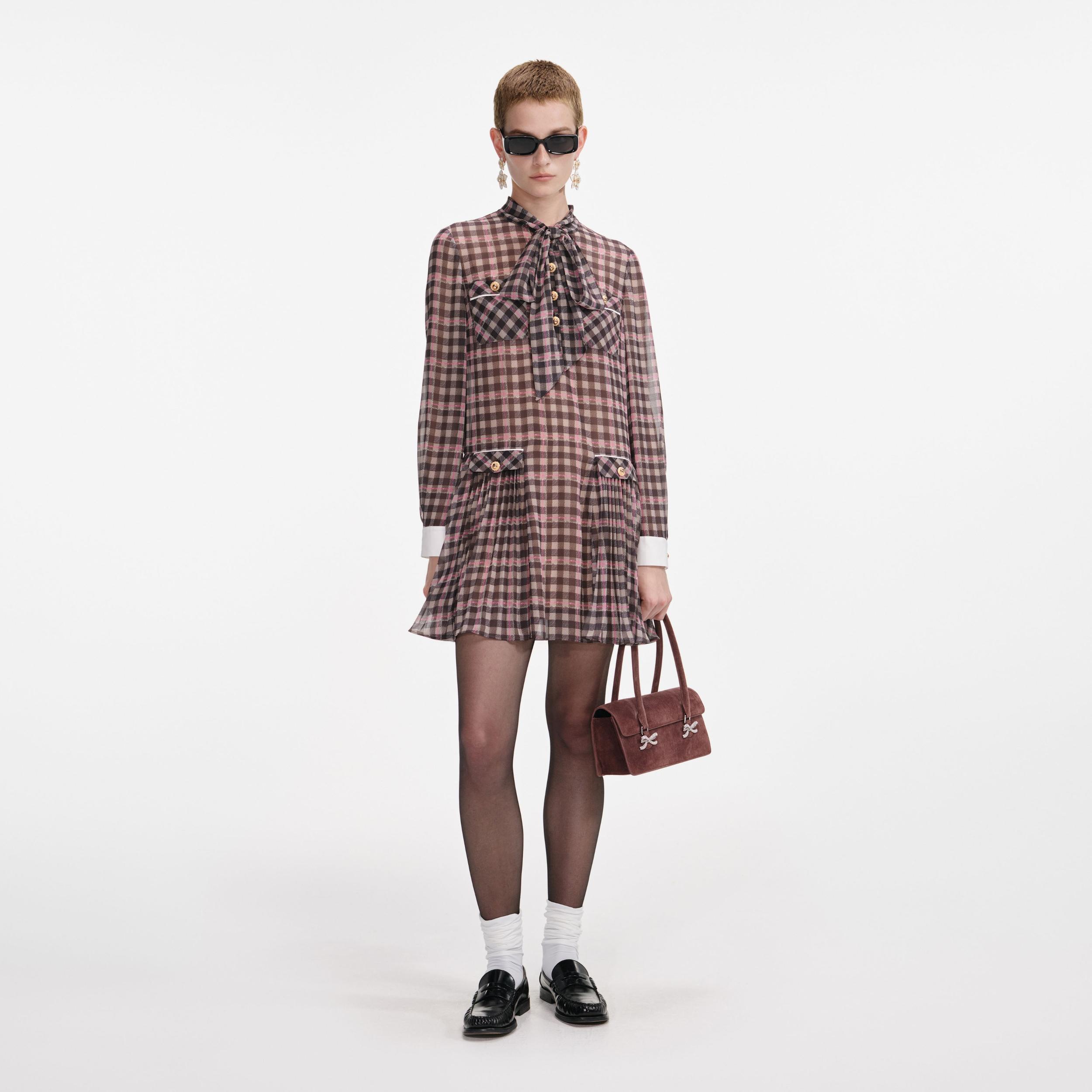 Brown Check Chiffon Mini Dress Product Image