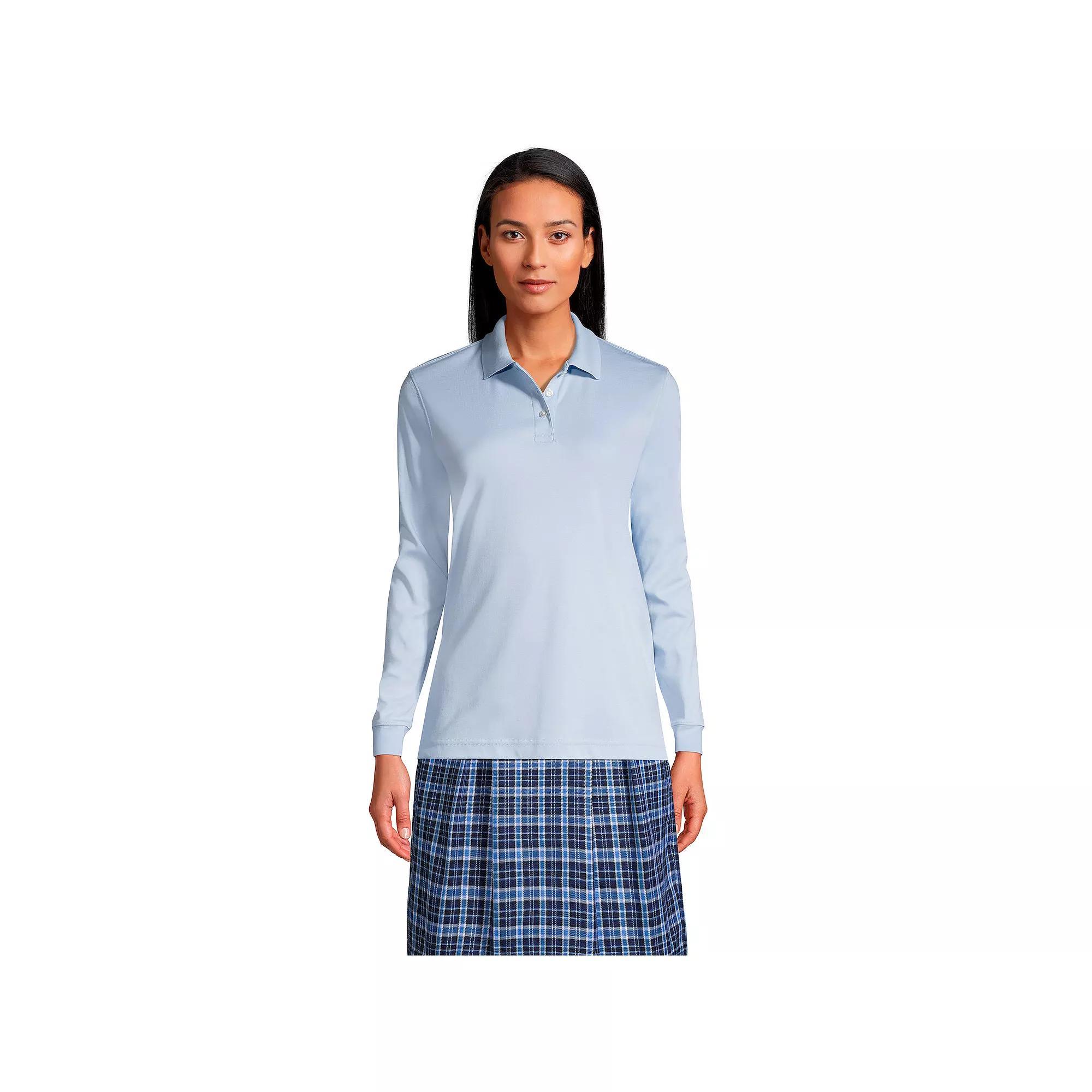 Women's Lands' End School Uniform Long Sleeve 3-Button Interlock Polo Shirt,  Product Image