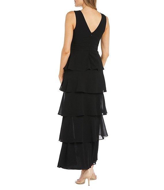 R & M Richards Sleeveless V-Neck Tiered Skirt Front Slit Dress Product Image