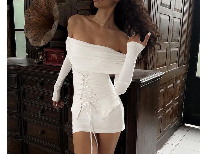 Off-Shoulder Long-Sleeve Plain Lace-Up Mini Bodycon Dress Product Image