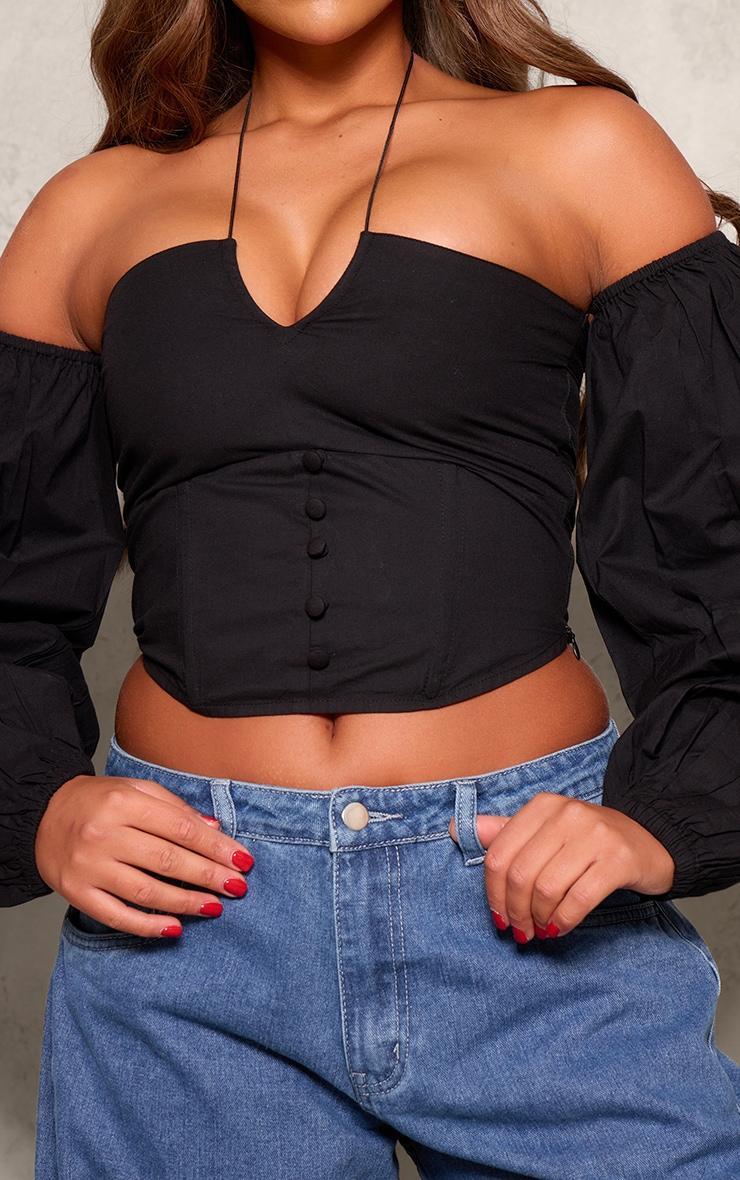 Black Poplin Elastic Halter Bardot Top Product Image