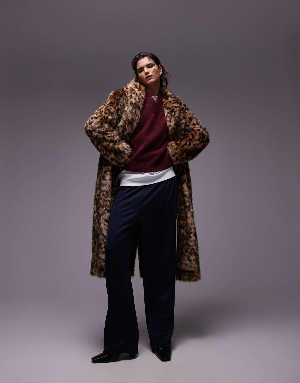 Topshop animal faux fur long coat in multi Product Image