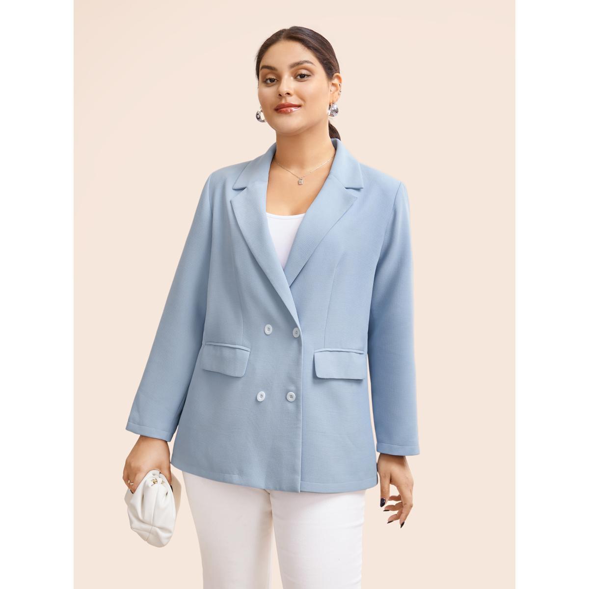 Plus Size Suit Collar Flap Pocket Back Slit Blazer LightBlue Women Everyday Button Sleeve Elbow-length sleeve Suit Collar 12/L Open pocket with flap Elegant Blazers BloomChic Product Image
