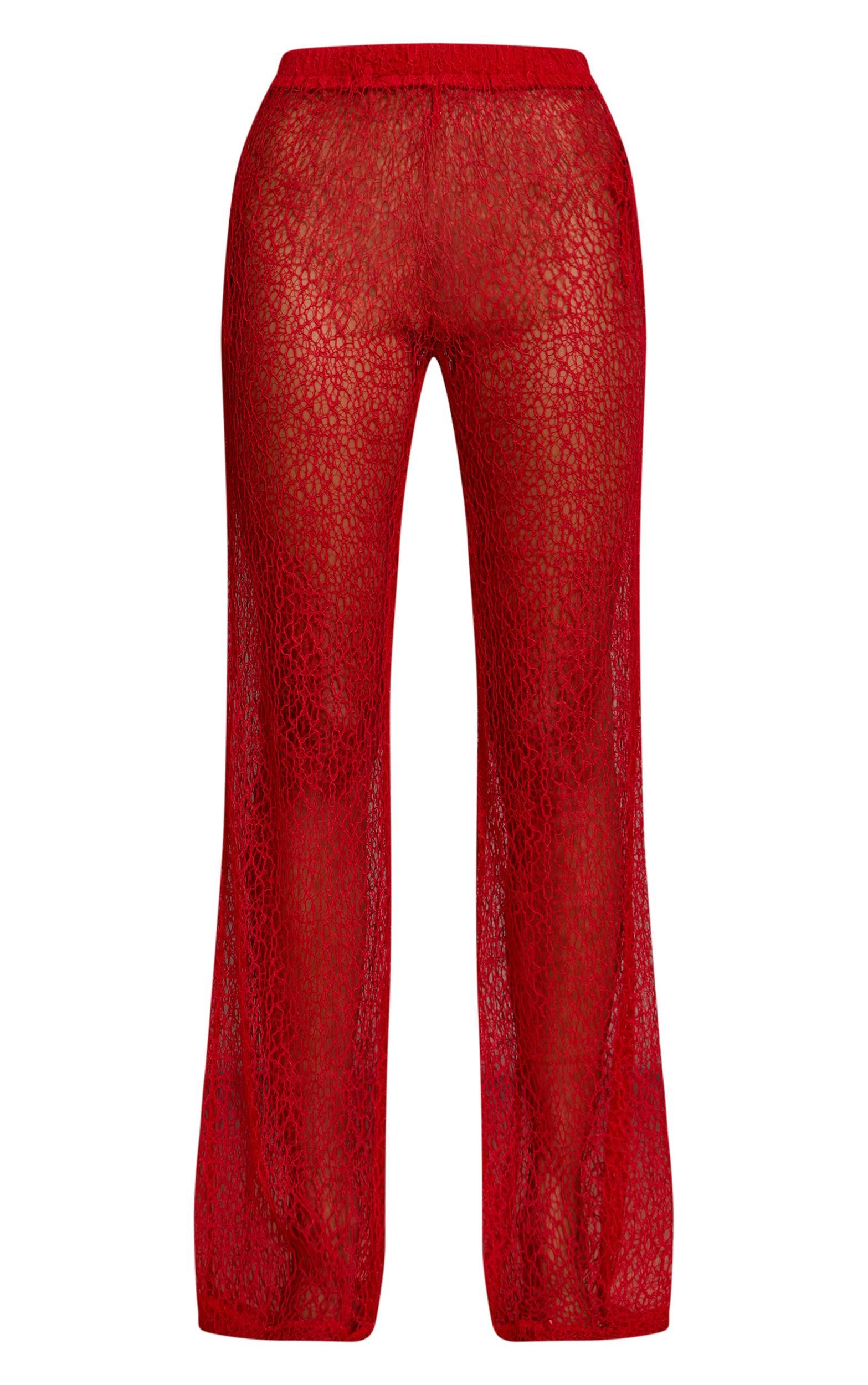 Red Textured Knit Straight Leg Pants Product Image
