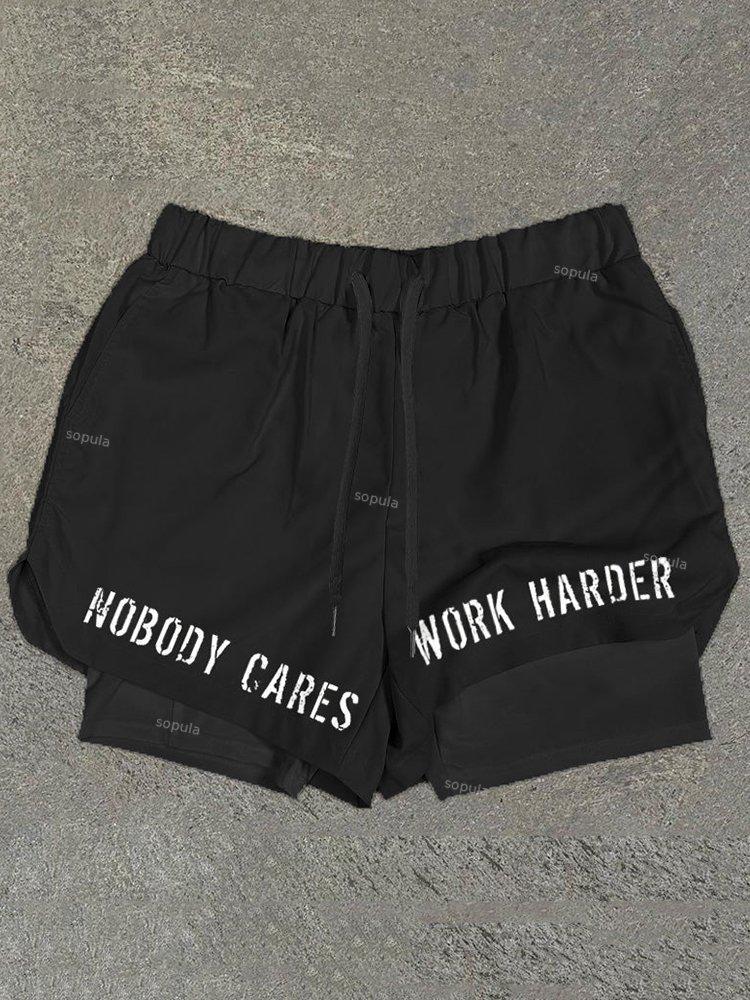 Sopula Vintage Nobody Cares Work Harder Graphic Performance Double Layer Quick Dry Shorts Product Image