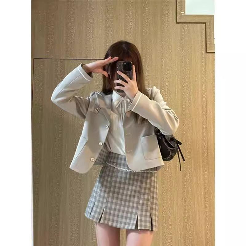 Lapel Collared Plain Single Breasted Crop Blazer / Collared Plain Shirt / High Waist Plaid Mini Pencil Skirt / Set Product Image