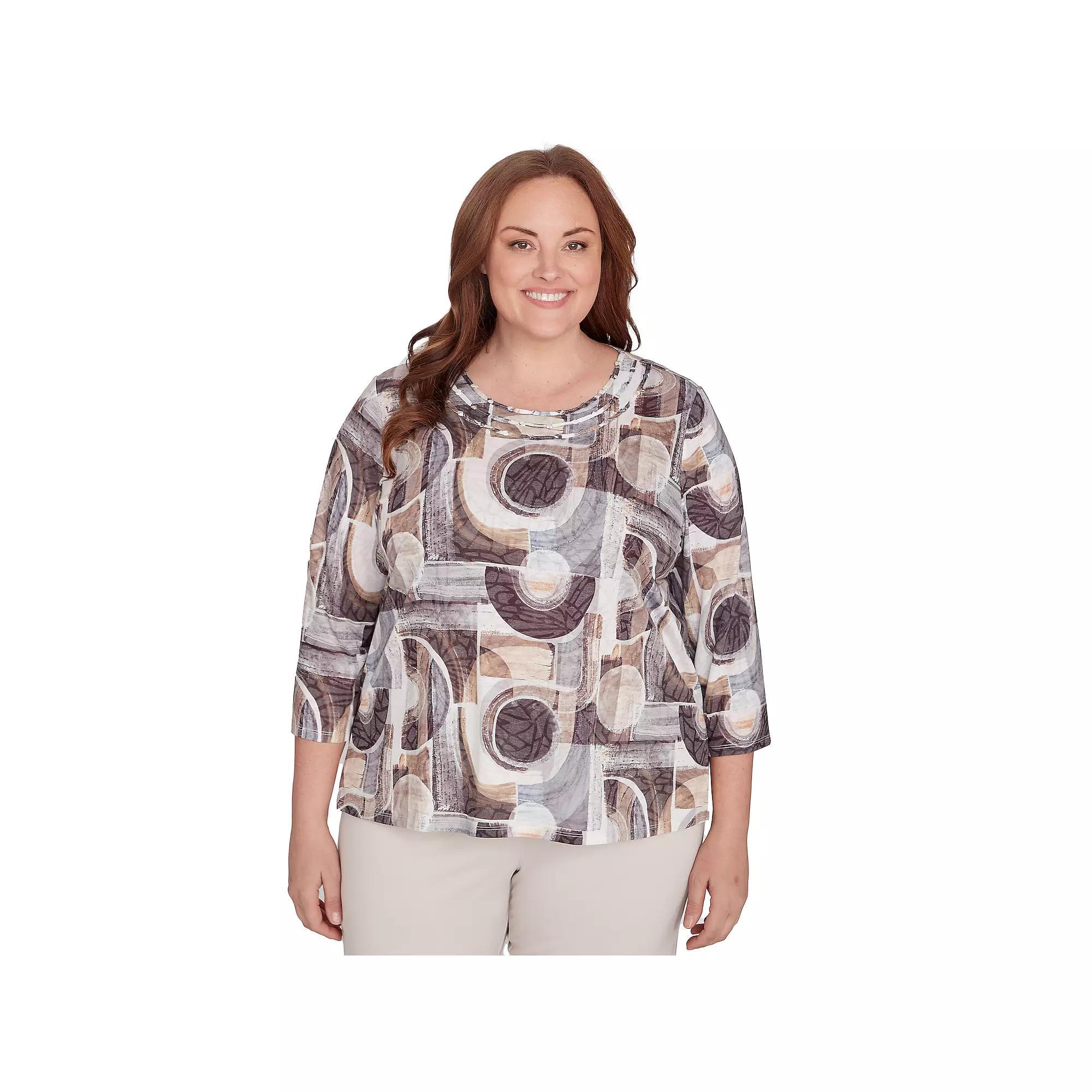 Plus Size Alfred Dunner Geometric Patch Print Top, Women's, Size: 3XL, Neutral Team Product Image