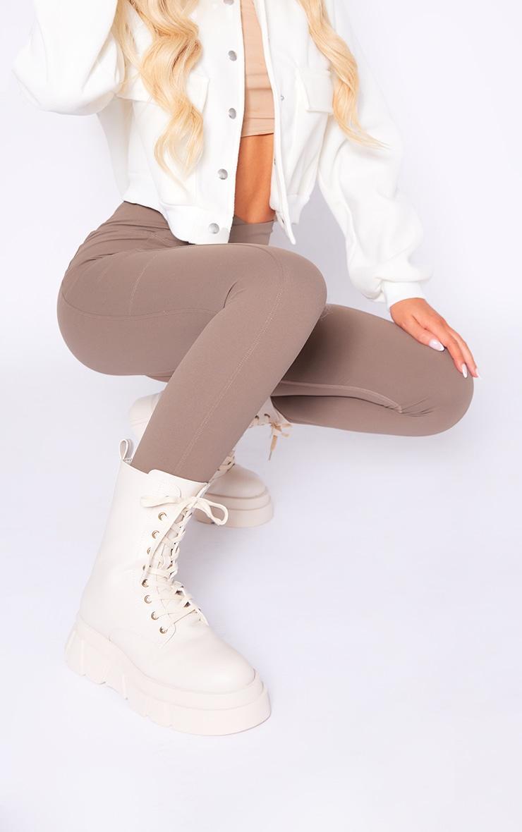 Cream Cleated Angled Chunky Sole Lace Up Ankle Boots Product Image