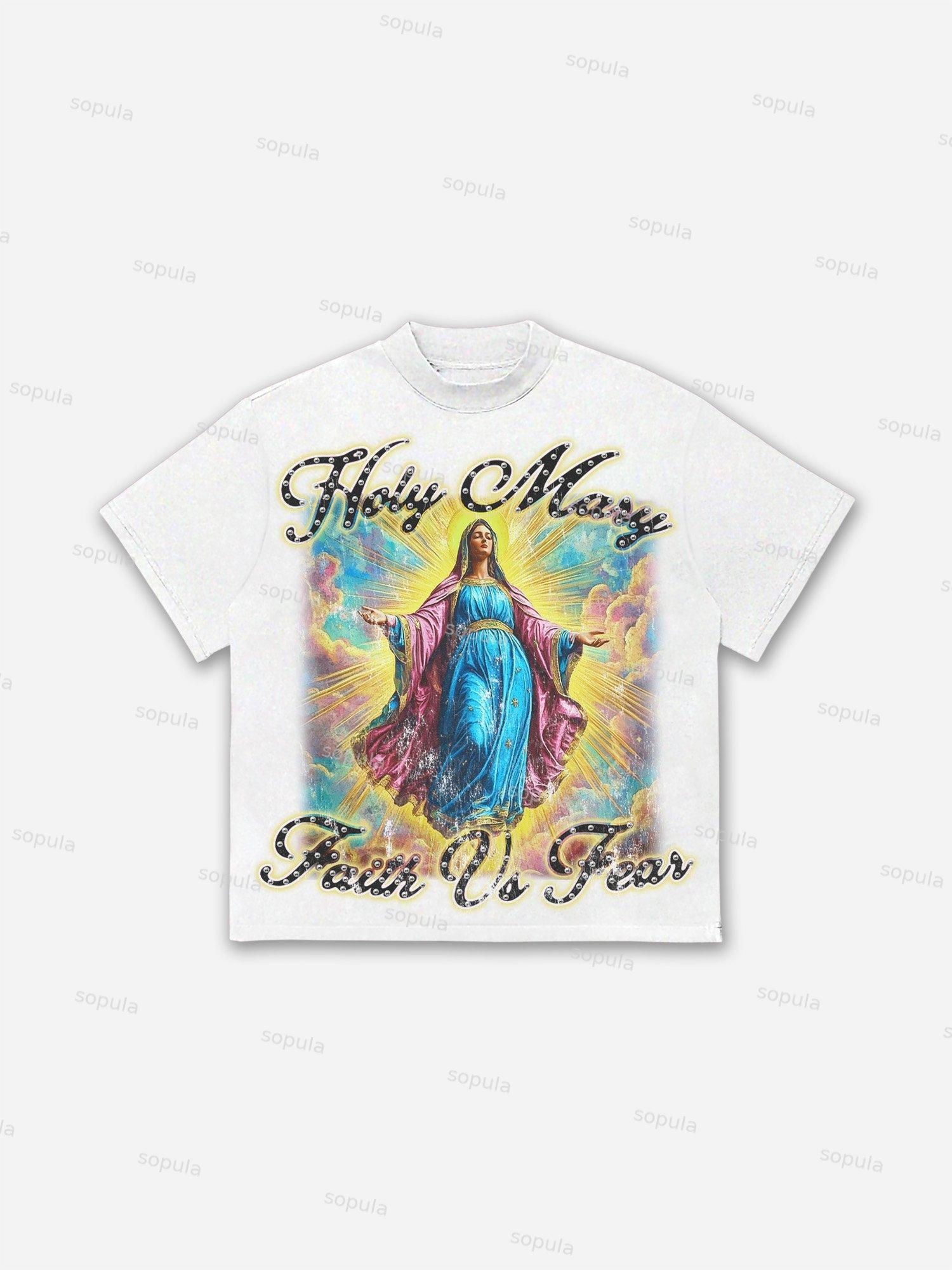 Men's Faith Vintage Holy Mary Graphics Cotton T-shirt Product Image