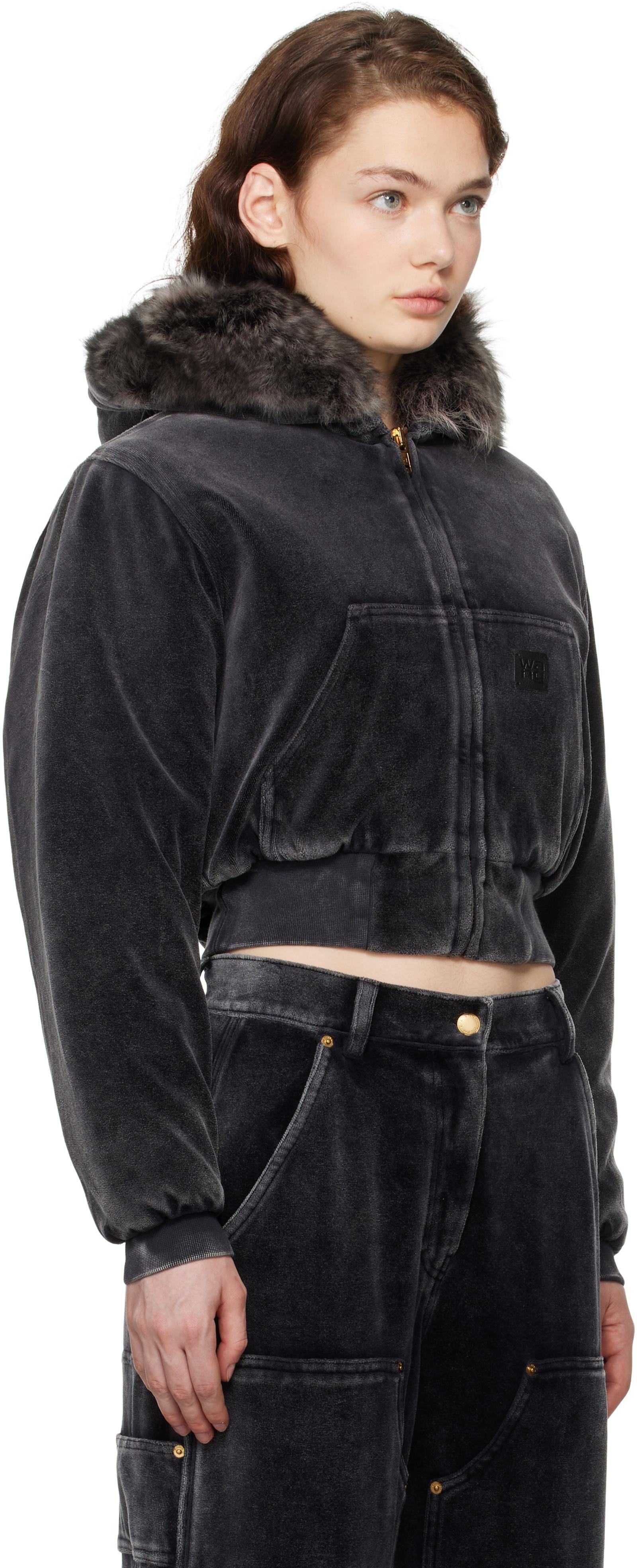 ALEXANDER WANG T Alexanderwang. T Faux Fur Trim Cropped Hoodie In 066a Washed Slate Product Image