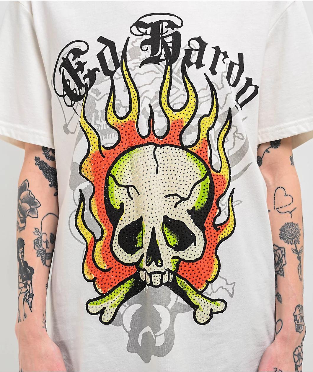 Ed Hardy Flame Skull White T-Shirt Product Image