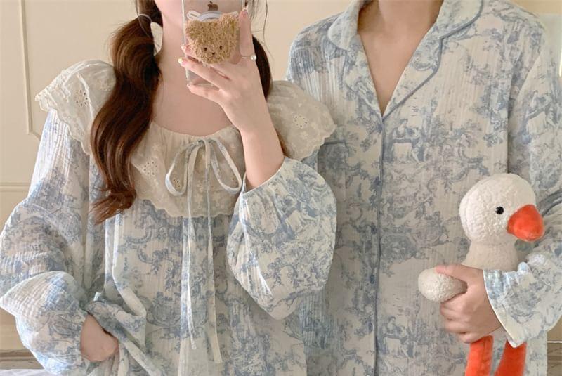 Couple Matching Pajama Set: Long Sleeve Patterned Print Top + Straight Leg Pants (Various Designs) Product Image