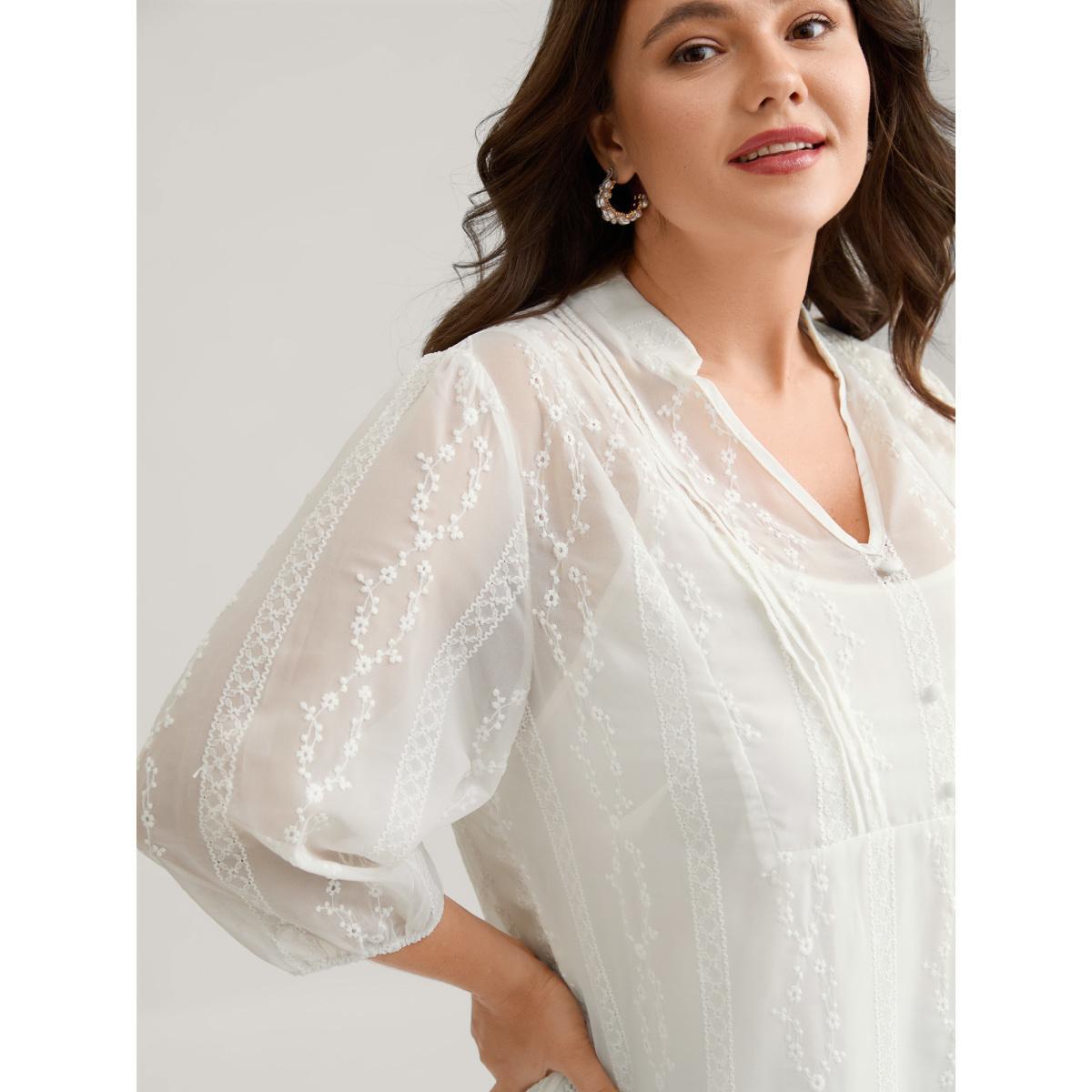 Plus Size Originalwhite Texture Mesh Button Detail Tucked Seam Blouse Women Timeless Elbow-length sleeve V-neck Elegant Blouses BloomChic 28/5X Product Image