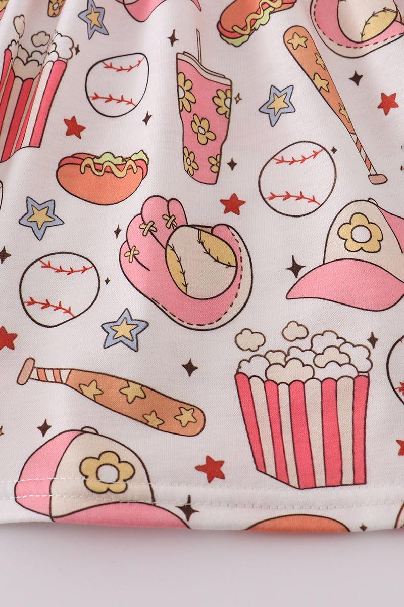 Pink baseball print gingham ruffle shorts set Product Image