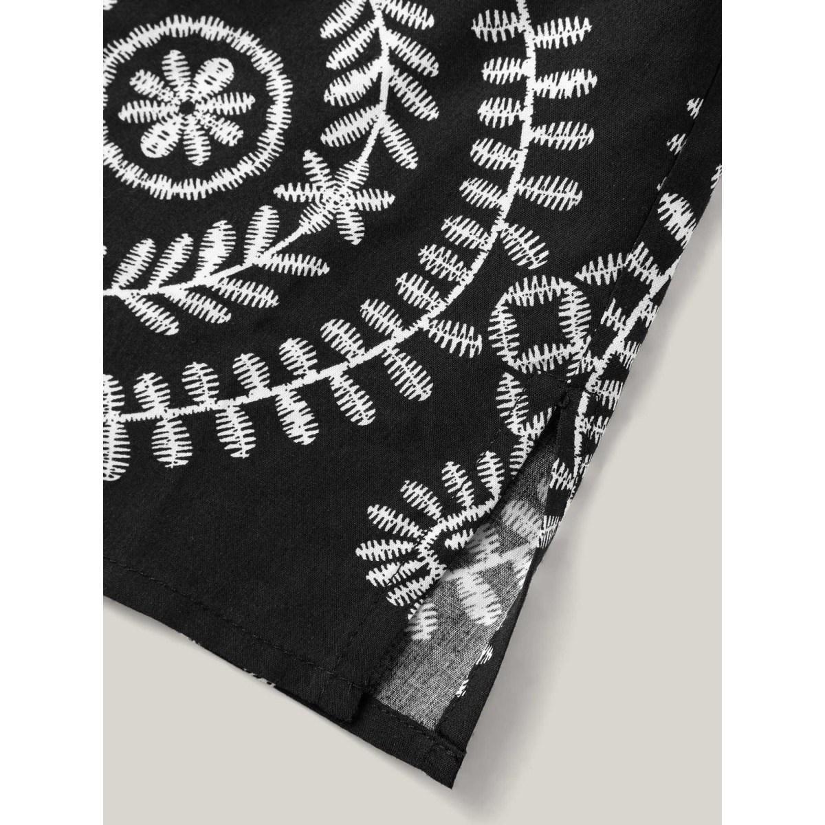 Plus Size Black Boho Print Button Placket Blouse Women Short sleeve V-neck Vacation Blouses BloomChic 14-16/1X Product Image