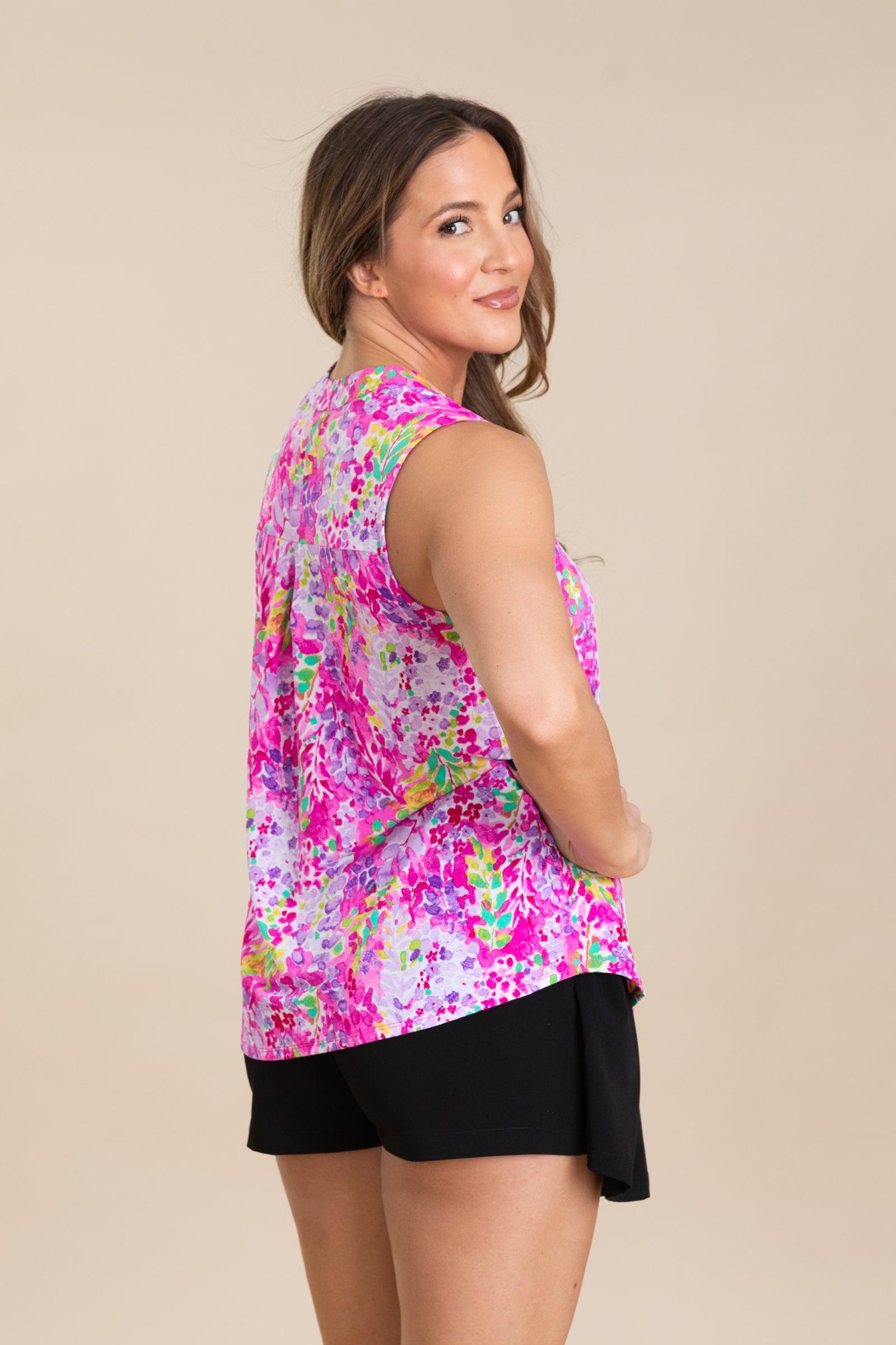 Fuchsia Abstract Print V-Neck Wrinkle Free Top Product Image