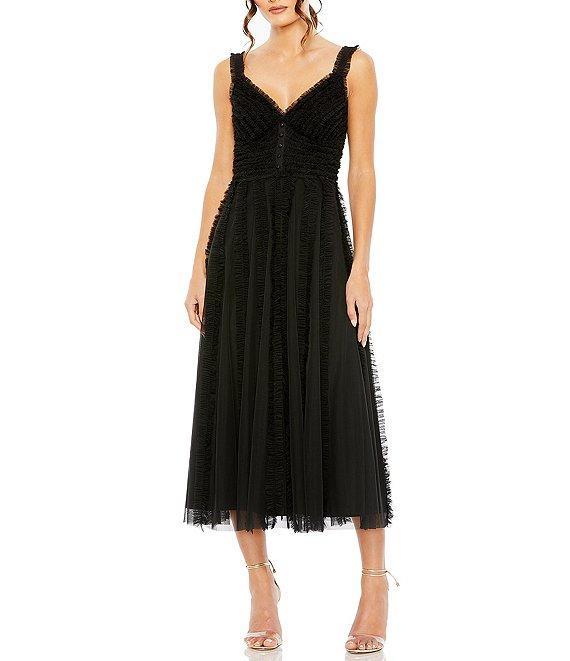 Mac Duggal V-Neck Tiered Ruffled A-Line Midi Dress Product Image