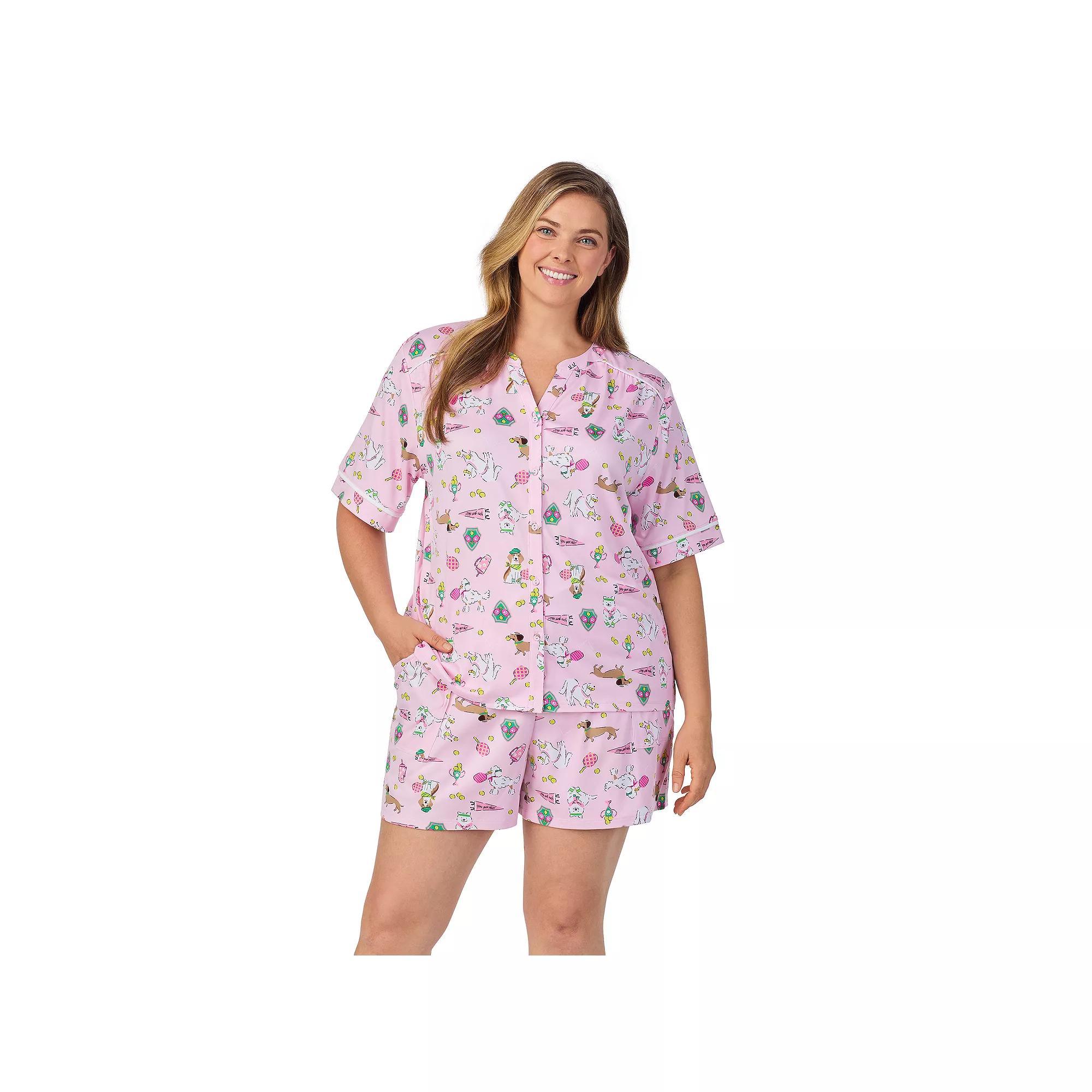 Plus Size Cuddl Duds® Short Sleeve Split Neck Pajama Top & Pajama Shorts Set, Women's, Size: 1XL, Pink Dogs Product Image