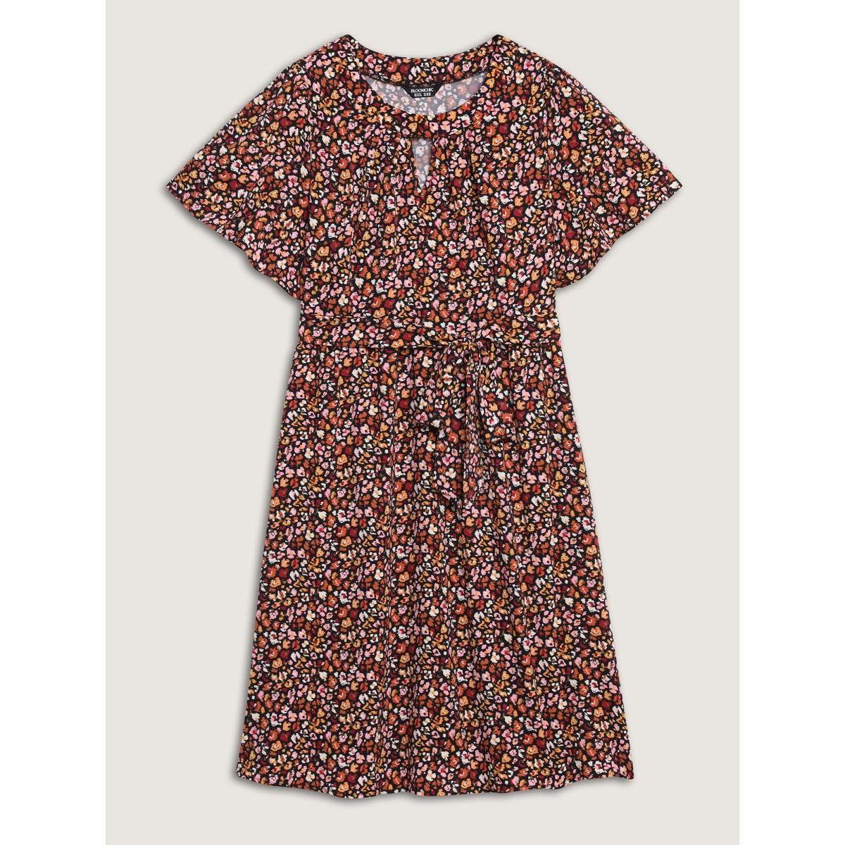 Plus Size Floral Waist Tie Cut-Out Midi Dress Black Women Pleated Round Neck Short sleeve Curvy BloomChic 12/L Product Image