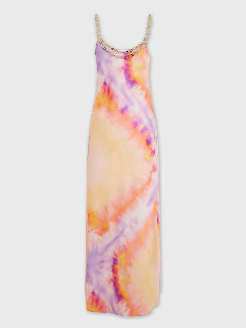 ORANGE TIE-DYE LONG DRESS IN PRINTED SATIN Product Image